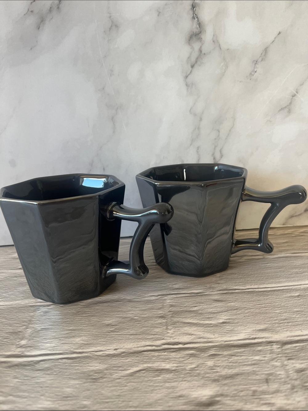 Starbucks 2013 Octagonal Metallic Gun Metal Grey Mugs Set Of 2